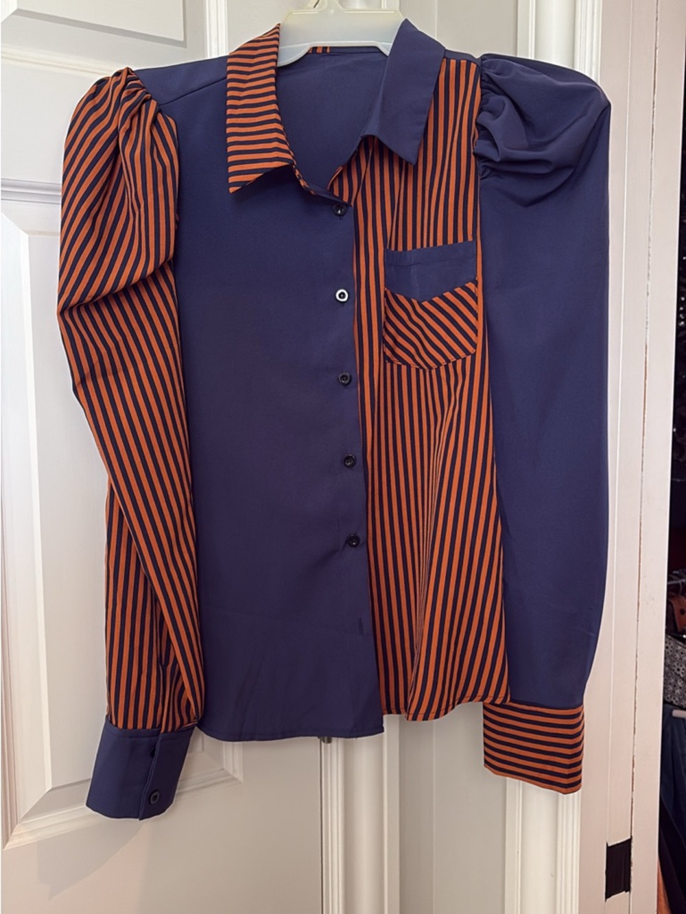 Navy and Rust Striped Contrast Button-Up Shirt puff sleeve. Western. Rodeo